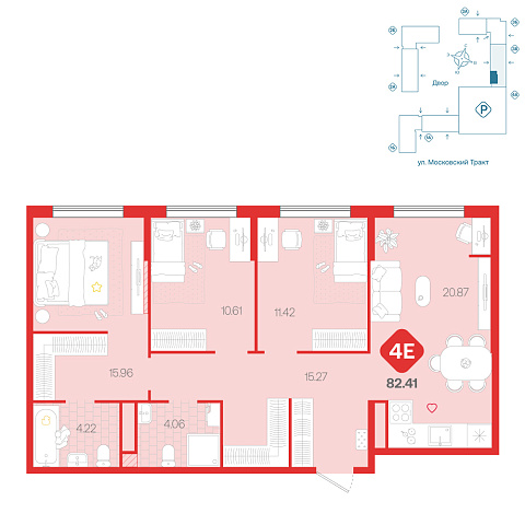 Планировка: 4-комнатная евро 82.4 м² в ЖК Сибирский, Московский тракт