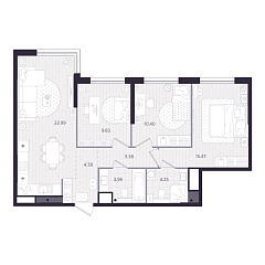 3-комнатная 74,46 м&sup2;