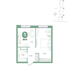1-комнатная 38,16 м²