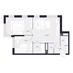 2-комнатная 54,55 м&sup2;