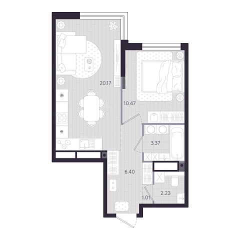 Планировка: Евродвушка 43.6 м² в ЖК Форсо, Зарека