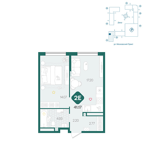 Планировка: Евродвушка 41.2 м² в ЖК Сибирский, Московский тракт