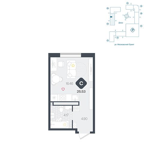 Планировка: Студия 25.5 м² в ЖК Сибирский, Московский тракт