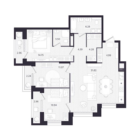 Планировка: 4-комнатная евро 94.5 м² в ЖК Темплин, Центр