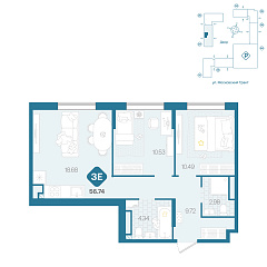 2-комнатная 56,74 м²