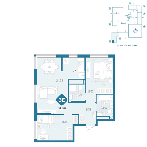 Планировка: Евротрешка 61.6 м² в ЖК Сибирский, Московский тракт