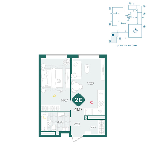 Планировка: Евродвушка 41.2 м² в ЖК Сибирский, Московский тракт