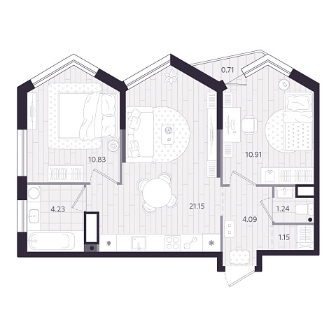 Планировка: Евротрешка 53.8 м² в ЖК Форсо, Зарека