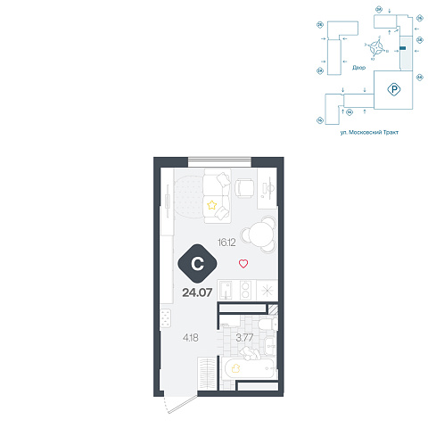 Планировка: Студия 24.1 м² в ЖК Сибирский, Московский тракт