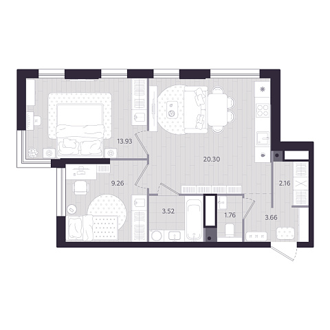 Планировка: Евротрешка 54.6 м² в ЖК Форсо, Зарека
