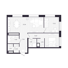 2-комнатная 74,34 м&sup2;