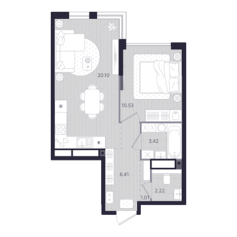 Планировка: Евродвушка 43.7 м² в ЖК Форсо, Зарека
