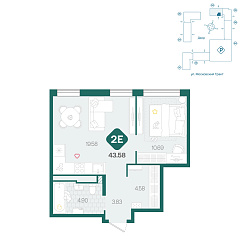 1-комнатная 43,58 м&sup2;