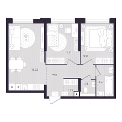 2-комнатная 52,38 м&sup2;
