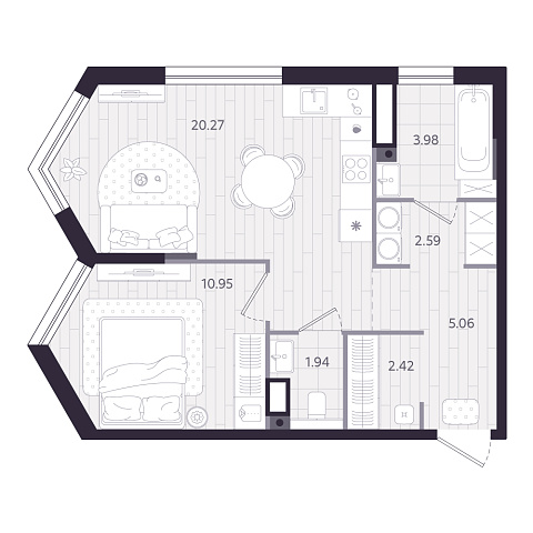 Планировка: Евродвушка 47.2 м² в ЖК Форсо, Зарека