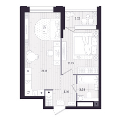 1-комнатная 43,66 м&sup2;
