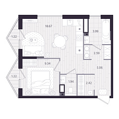1-комнатная 44,75 м&sup2;