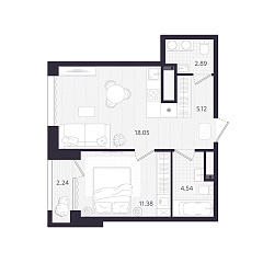 1-комнатная 42,65 м&sup2;