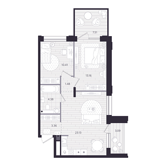 Квартира с 2 спальнями | 59,72 м²