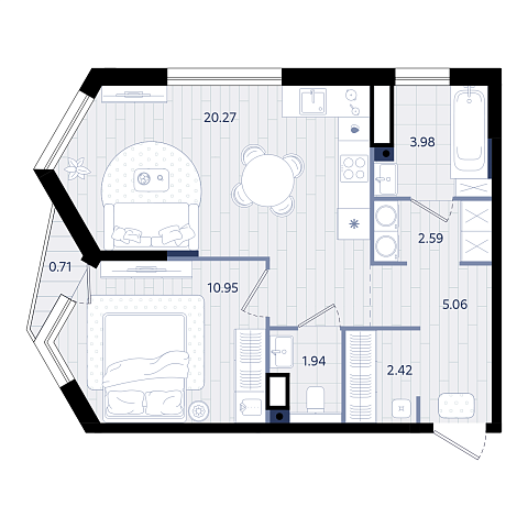 Планировка: Евродвушка 47.4 м² в ЖК Форсо, Зарека
