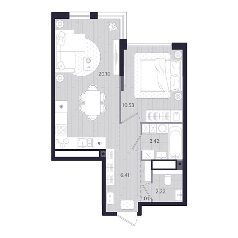 Планировка: Евродвушка 43.7 м² в ЖК Форсо, Зарека