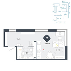 Студия 30,58 м&sup2;