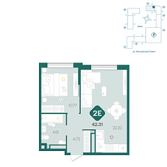 1-комнатная 42,31 м&sup2;