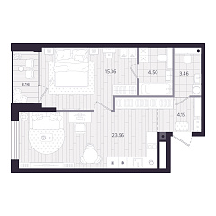 1-комнатная 52,76 м&sup2;