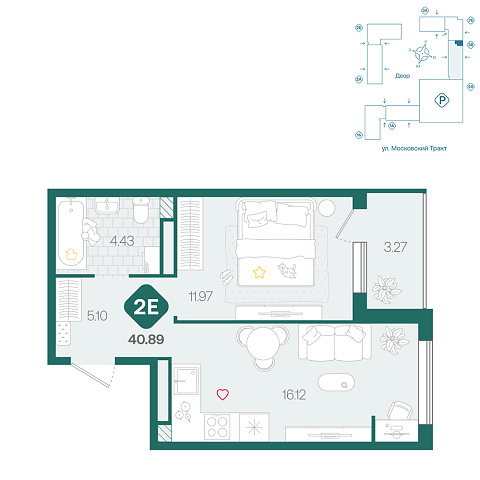 Планировка: Евродвушка 40.9 м² в ЖК Сибирский, Московский тракт