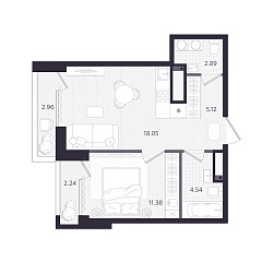 1-комнатная 43,54 м&sup2;