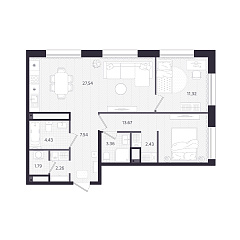 2-комнатная 74,34 м&sup2;