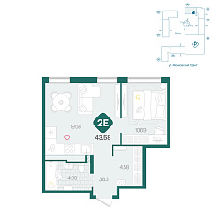 1-комнатная 43,58 м²