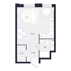 Студия 28,57 м&sup2;