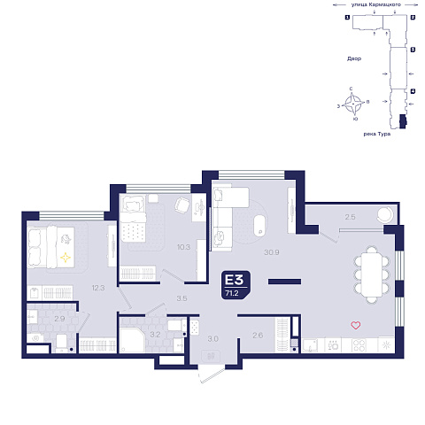 Планировка: 4-комнатная евро 71.2 м² в ЖК Космо, 5-й Заречный