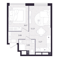 1-комнатная 34,67 м&sup2;