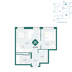 1-комнатная 43,58 м&sup2;