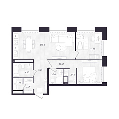 2-комнатная 74,34 м&sup2;