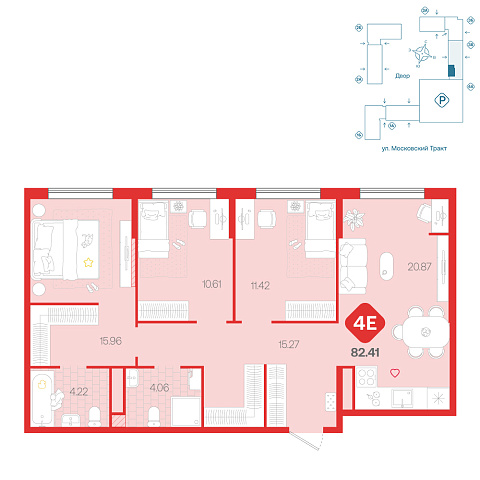 Планировка: 4-комнатная евро 82.4 м² в ЖК Сибирский, Московский тракт