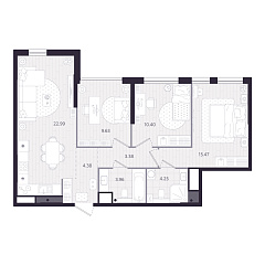 3-комнатная 74,46 м&sup2;