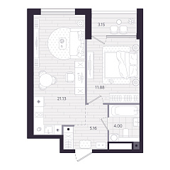 1-комнатная 43,75 м&sup2;