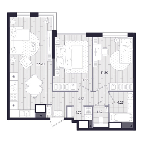 Планировка: Евротрешка 58.5 м² в ЖК Форсо, Зарека