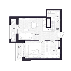1-комнатная 43,54 м&sup2;