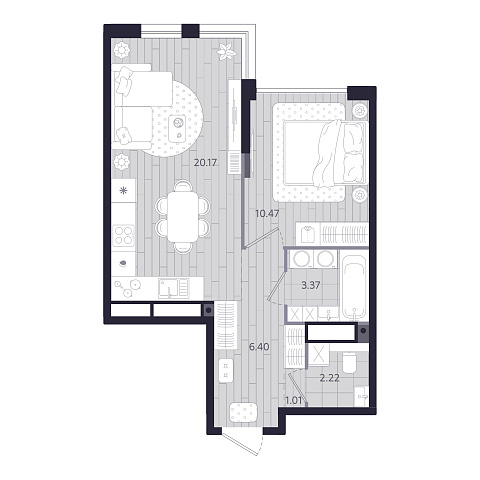 Планировка: Евродвушка 43.6 м² в ЖК Форсо, Зарека