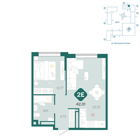 Планировка: Евродвушка 42.3 м² в ЖК Сибирский, Московский тракт