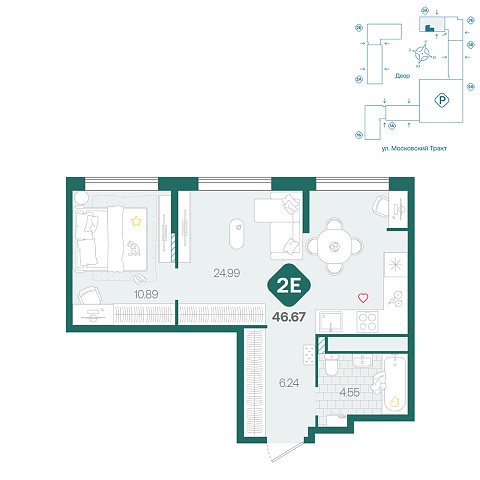 Планировка: Евродвушка 46.7 м² в ЖК Сибирский, Московский тракт