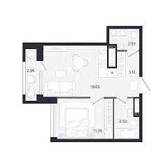 1-комнатная 42,87 м&sup2;