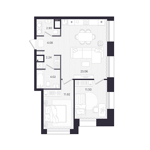 Планировка: Евротрешка 61.7 м² в ЖК Темплин, Центр