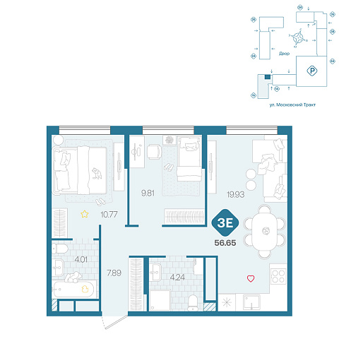Планировка: Евротрешка 56.6 м² в ЖК Сибирский, Московский тракт