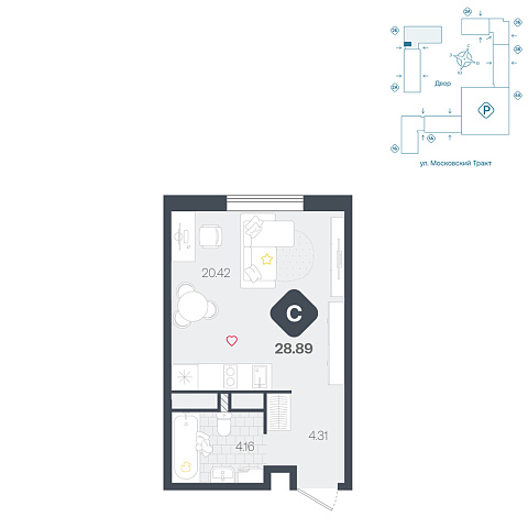 Планировка: Студия 28.9 м² в ЖК Сибирский, Московский тракт