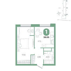 1-комнатная 38,05 м²